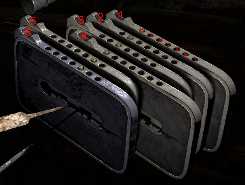Gothic lock mechanism with gates numbered from back to front and holes 1 to 7 from left to right